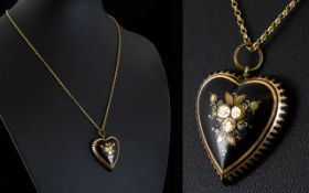 Antique Period Heart Shaped Black Jet Pendant Overlaid with Gold Floral Decoration with Attached