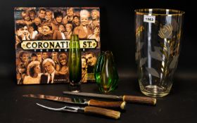Mixed Box Containing Glass, Carving Set With Horn Handles, And A Coronation Street Souvenir Book.