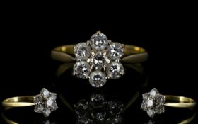 18ct Gold Diamond Cluster Ring Flowerhead setting, set with 7 round modern brilliant cut diamonds,