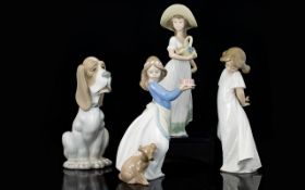 Four Nao Figures assorted poses and sizes, includes figure of young girl with basket,