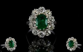 18ct White Gold Diamond & Emerald Cluste