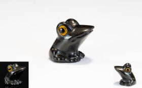 A Miniature Carved Wood Frog Figure Ebon