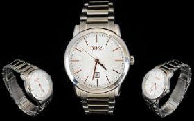 Hugo Boss - Stylish Gents Classical Silver Dial Steel Watch with Push Button Deployment Folding