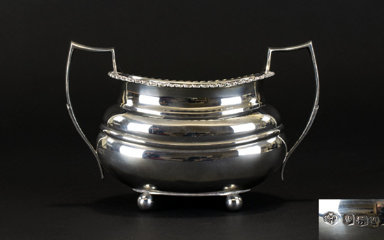 Early 20th Century Twin Handle Sugar Bowl Of Plain form with cannonball feet, gadrooned edge,