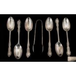 George V Good Quality Set of Six Silver Teaspoons with Matching Sugar Nips, Original Case / Box.