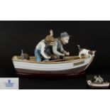 Lladro - Large and Impressive Porcelain Figure Group ' Fishing with Gramps ' Raised on Wooden