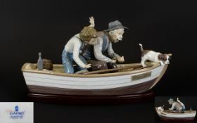 Lladro - Large and Impressive Porcelain Figure Group ' Fishing with Gramps ' Raised on Wooden