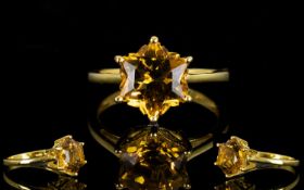 Citrine Stellar Cut Solitaire Ring, a 3.75ct dark golden yellow citrine in a rare star shape cut,