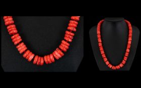 Coral - Heavy Rondelle Beaded Necklace with Silver Clasp. Marked 925 Silver - Please See Photo.