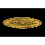 Victorian Period Nice Quality 15ct Gold - Diamond and Ruby Set Ornate Brooch with 9ct Gold Safety