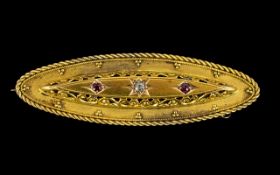 Victorian Period Nice Quality 15ct Gold - Diamond and Ruby Set Ornate Brooch with 9ct Gold Safety