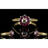 Ladies 9ct Gold Attractive Garnet and Diamond Set Cluster Ring, flowerhead design,