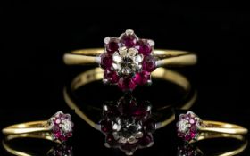 Ladies 9ct Gold Attractive Garnet and Diamond Set Cluster Ring, flowerhead design,