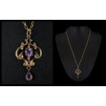 Antique Period 9ct Gold Ornate / Fancy Amethyst Set Pendant Attached to a 9ct Gold Belcher Chain. c.