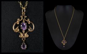 Antique Period 9ct Gold Ornate / Fancy Amethyst Set Pendant Attached to a 9ct Gold Belcher Chain. c.