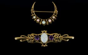 Antique Period - Superb Quality 9ct Gold Cresent Shaped Brooch - Set with Opals. Fully Hallmarked.