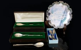 A Small Mixed Lot Of Silver Items To include three John Pinches boxed Christmas spoons,