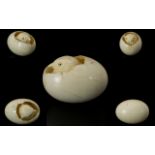 Japanese - Small Well Carved Ivory Miniature Figure Of A Young Chick Hatching From A Cracked Egg.
