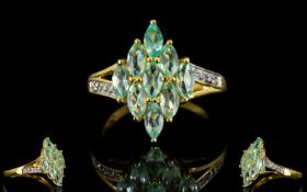 Paraiba Apatite Cluster Ring, marquise cuts of the aqua blue paraiba apatite in a kite shape cluster