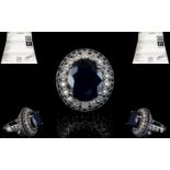14ct Solid White Gold Sapphire and Diamond Cluster Ring of Impressive Appearance,
