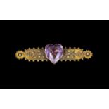 Victorian Period 15ct Gold - Amethyst Set Gold Brooch with Attached 9ct Safely Gold Chain.