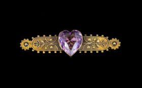 Victorian Period 15ct Gold - Amethyst Set Gold Brooch with Attached 9ct Safely Gold Chain.