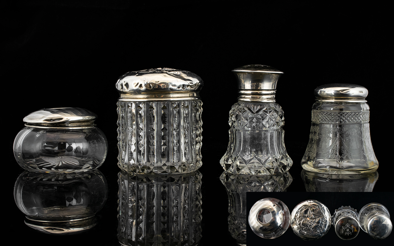 Antique Period Collection of Silver Topped / Glass Pin Jars, Perfume Bottle.