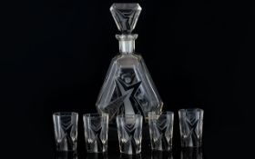 Art Deco - Black and Crystal Glass Decanter with Matching Set of Five Drinking Glasses.