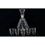 Art Deco - Black and Crystal Glass Decanter with Matching Set of Five Drinking Glasses.