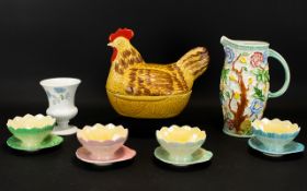 A Collection of Ceramics to include: H J Wood 'Indian Tree' Jug, Glazed hen shaped egg holder,