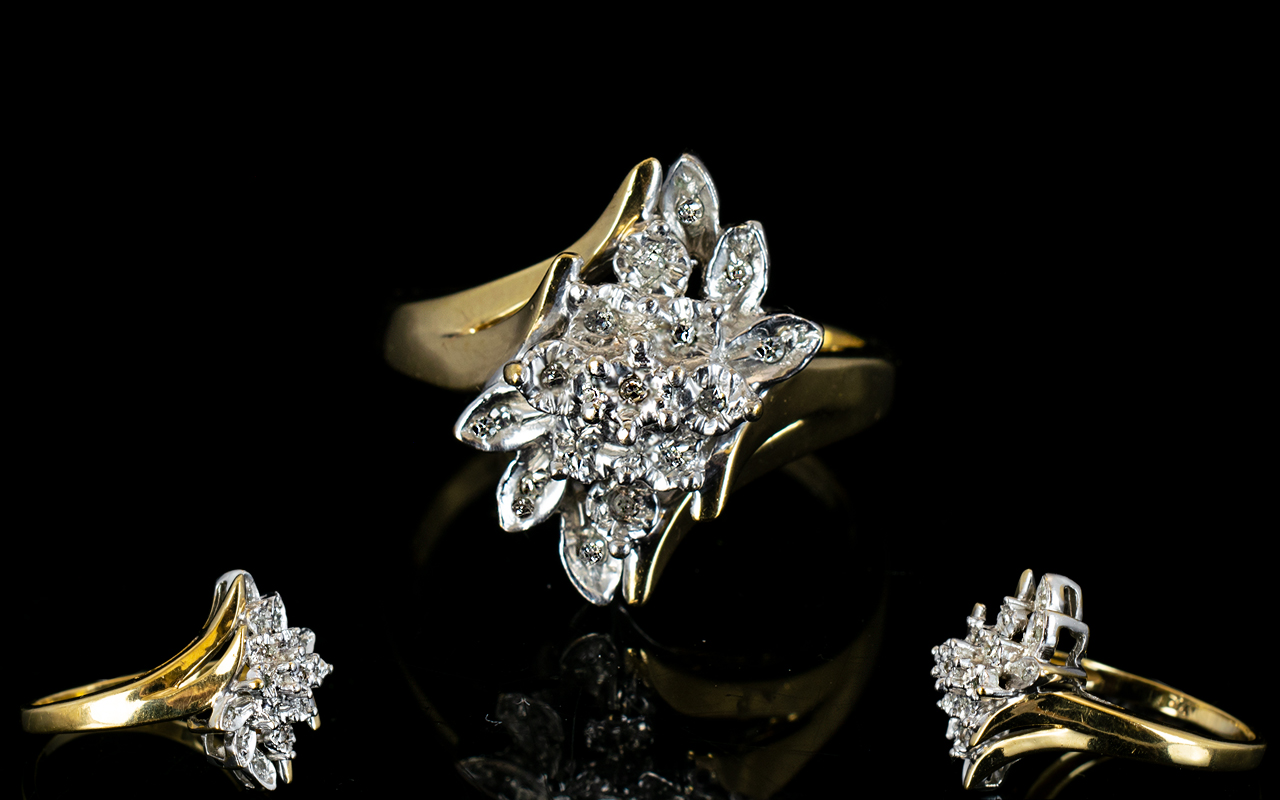 Ladies 9ct Gold Diamond Set Cluster Dress Ring, Illusion Set Flower head Design. Fully Hallmarked.