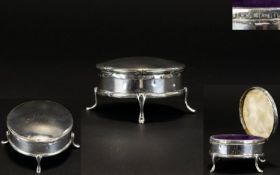 Edwardian Period Circular Shaped Hinged Silver Trinket Box, Raised on 4 Splayed Legs. Hallmark