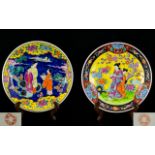 Japanese Early to Mid 20th Century Pair of Painted Enamel ( Bright Colours ) Circular Shallow