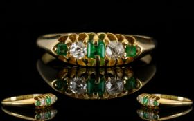 Antique Period Nice Quality 18ct Gold Five Stone Emerald And Diamond Ring Both emeralds and diamond