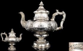 Victorian Period Superb Quality Repousse Work Solid Silver Teapot, Wonderful Shape and Decoration.