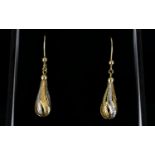 Modern / Contemporary Designed Pair of 9ct Two Tone Gold Drop Earrings. Fully Marked for 9.375. 1.