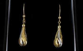 Modern / Contemporary Designed Pair of 9ct Two Tone Gold Drop Earrings. Fully Marked for 9.375. 1.