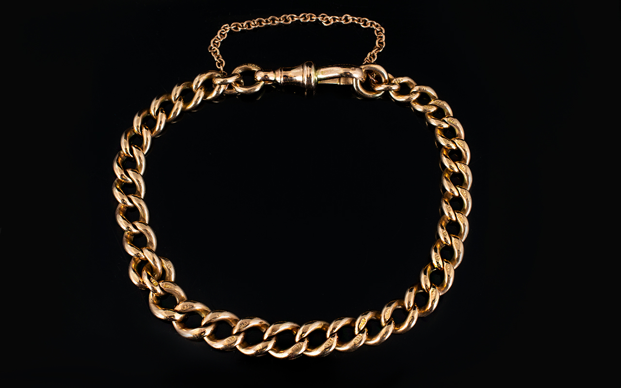 Antique Period 9ct Rose Gold Curb Bracelet with Solid Clasp In Safety Chain.