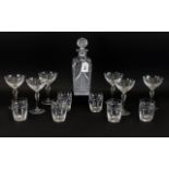 Glass Drinking Set comprising engraved Decanter, 6 Cocktail Glasses and 6 Whiskey Tumblers,