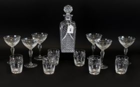 Glass Drinking Set comprising engraved Decanter, 6 Cocktail Glasses and 6 Whiskey Tumblers,