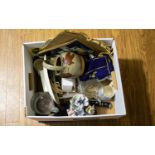 A Mixed Box Of Ceramics Glassware And Ephemera To include two glass tankards, studio pottery