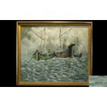 Original Oil On Canvas Depicting a seascape with two anchored boats. Signed to bottom left, Carl