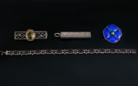 A Small Mixed Lot Of Silver Jewellery Items To include silver enamel flower brooch, silver ingot,