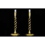 Victorian Period - Attractive Pair of Fine Brass Barley Twist Column Candlesticks on Circular