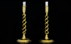 Victorian Period - Attractive Pair of Fine Brass Barley Twist Column Candlesticks on Circular