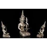 Indian - Cast Silver Statue / Figure of An Indian Deity - Playing a Musical Instrument In a