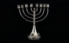 Jewish Israeli Interest, Small Silver Menorah, The Base Inset With Three Hardstone Cabochons,