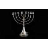 Jewish Israeli Interest, Small Silver Menorah, The Base Inset With Three Hardstone Cabochons,