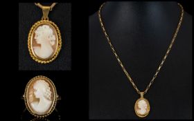 Ladies - Matching Set of a 9ct Gold Cameo Ring with Attached 9ct Gold Chain.