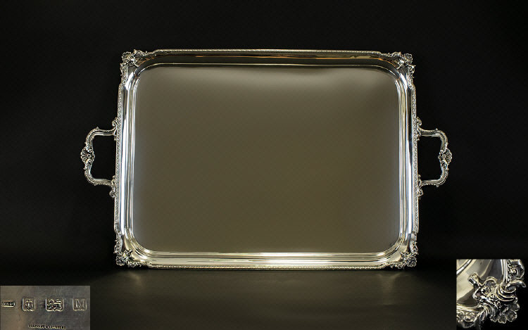 Victorian Period Good Quality and Heavy Twin Handle Silver Tray profusely decorated to borders and